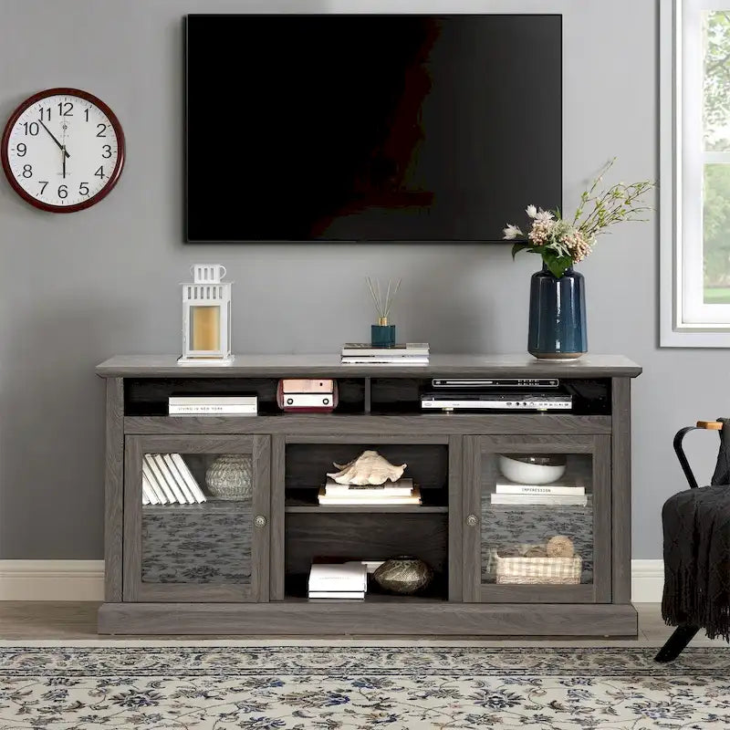 Meuble TV moderne avec rangements ouverts et fermés