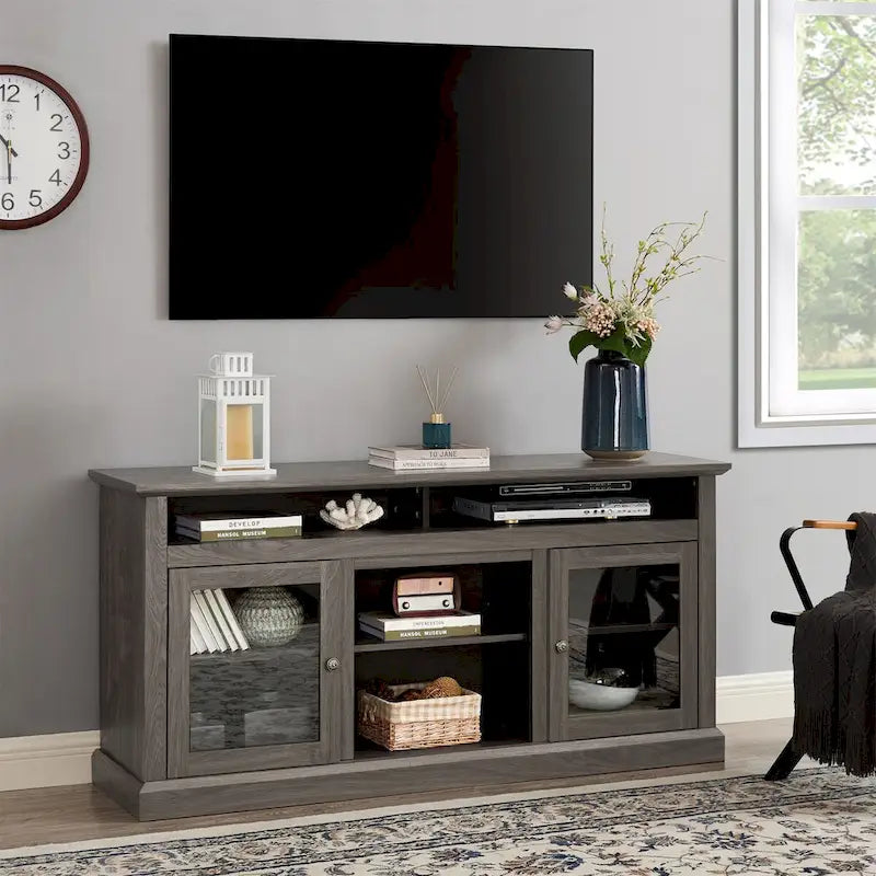 Meuble TV moderne avec rangements ouverts et fermés