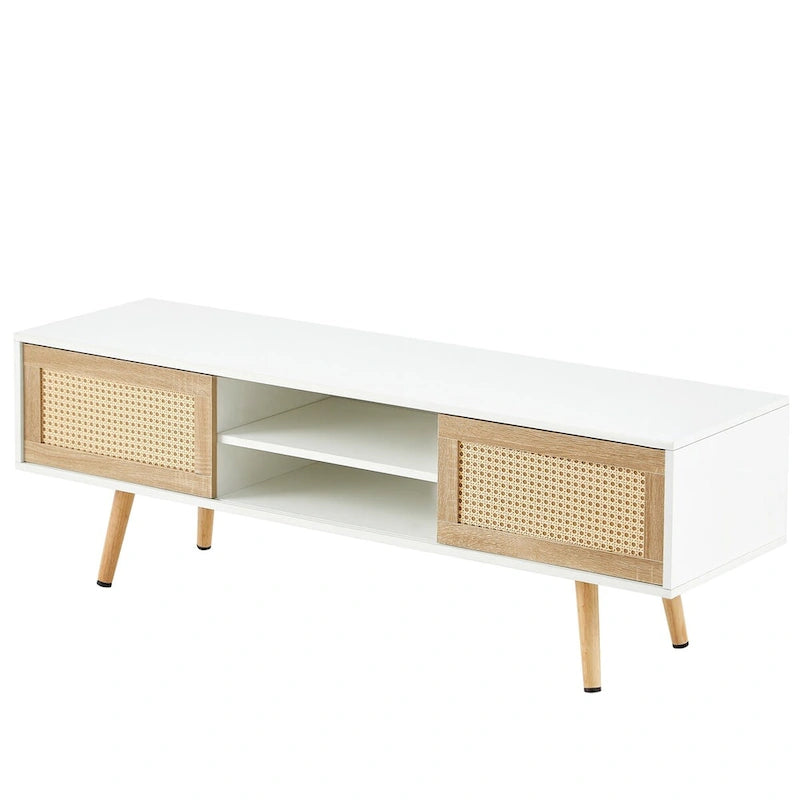 55.12 Meuble TV en rotin, doubles portes coulissantes pour rangement, étagère réglable, pieds en bois massif, console TV