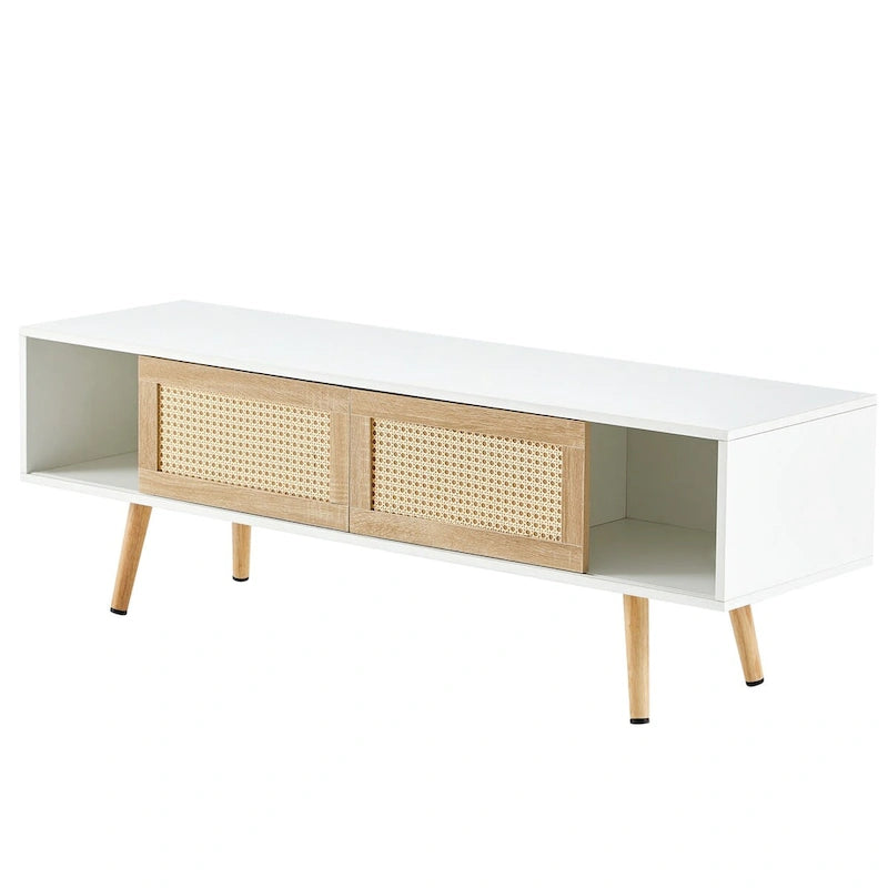 55.12 Meuble TV en rotin, doubles portes coulissantes pour rangement, étagère réglable, pieds en bois massif, console TV