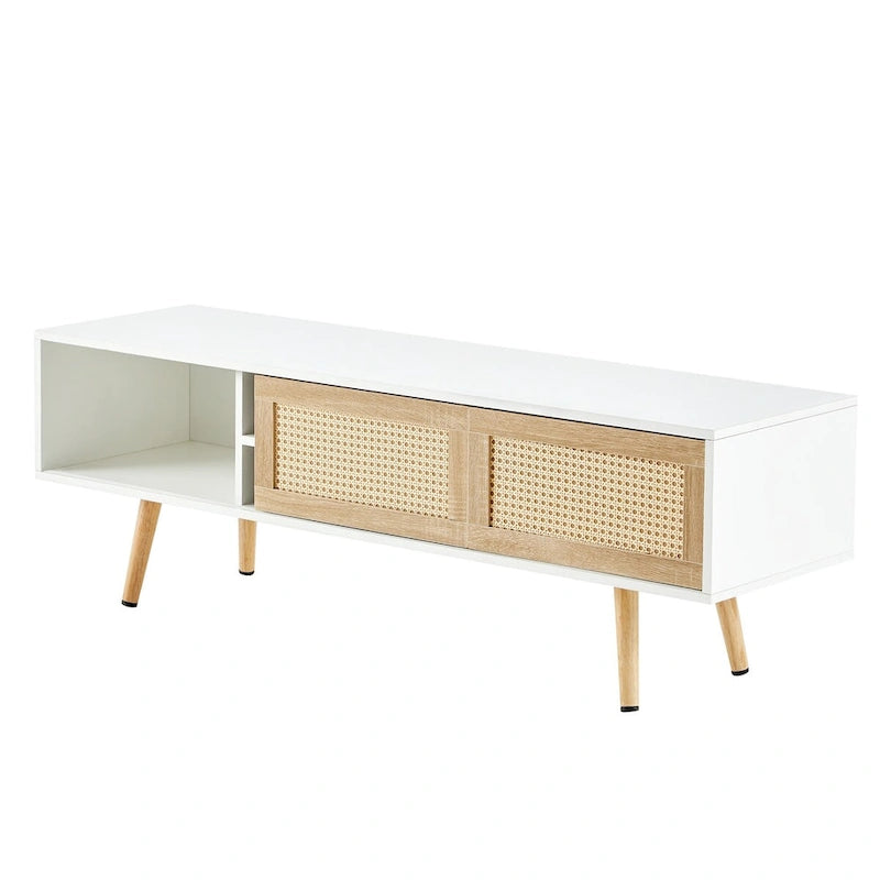 55.12 Meuble TV en rotin, doubles portes coulissantes pour rangement, étagère réglable, pieds en bois massif, console TV
