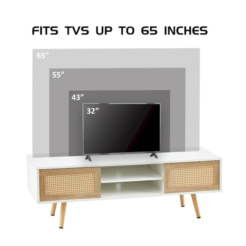 55.12 Meuble TV en rotin, doubles portes coulissantes pour rangement, étagère réglable, pieds en bois massif, console TV