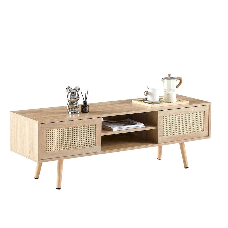 55.12 Meuble TV en rotin, doubles portes coulissantes pour rangement, étagère réglable, pieds en bois massif, console TV