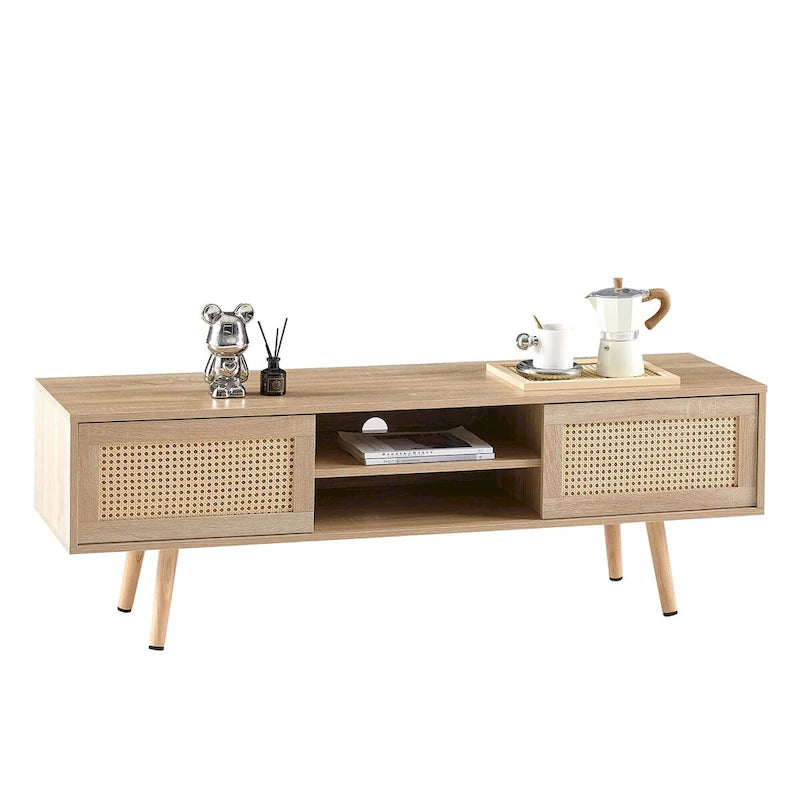 55.12 Meuble TV en rotin, doubles portes coulissantes pour rangement, étagère réglable, pieds en bois massif, console TV