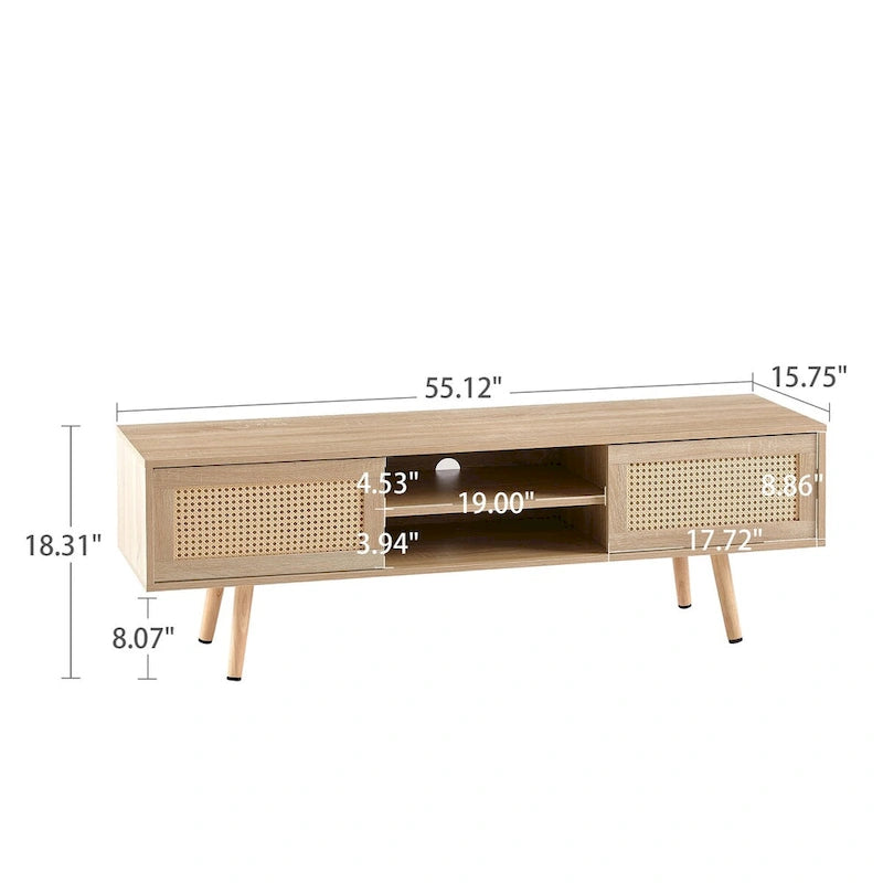 55.12 Meuble TV en rotin, doubles portes coulissantes pour rangement, étagère réglable, pieds en bois massif, console TV