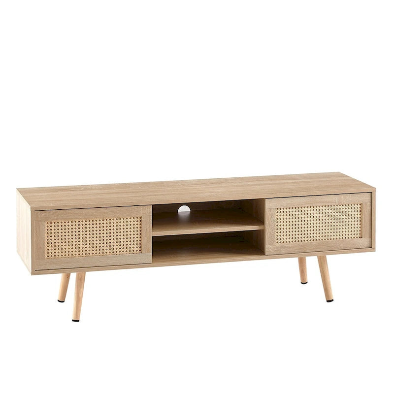 55.12 Meuble TV en rotin, doubles portes coulissantes pour rangement, étagère réglable, pieds en bois massif, console TV