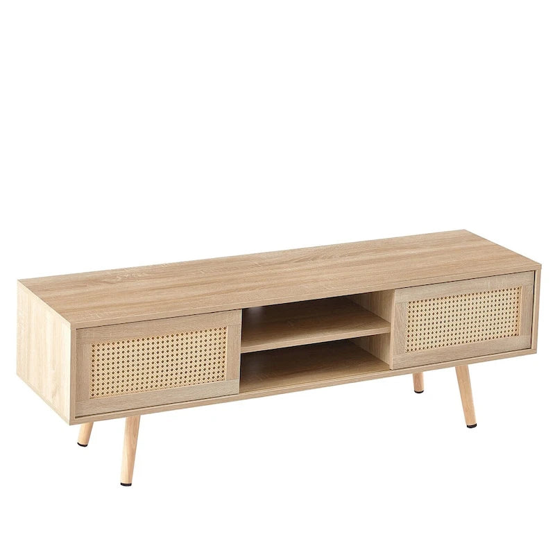 55.12 Meuble TV en rotin, doubles portes coulissantes pour rangement, étagère réglable, pieds en bois massif, console TV