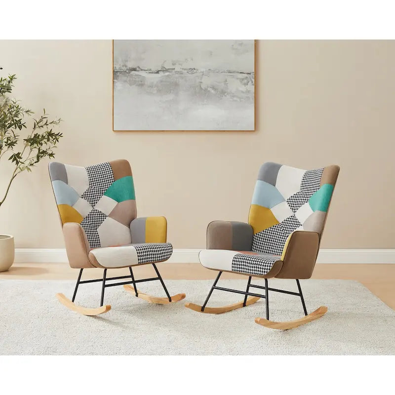 Fauteuil à bascule de crèche en lin matelassé VANOMi 25.2 Wide French Patchwork avec pieds en bois
