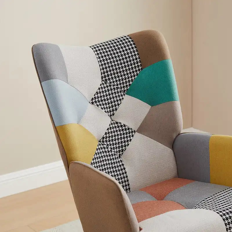 Fauteuil à bascule de crèche en lin matelassé VANOMi 25.2 Wide French Patchwork avec pieds en bois