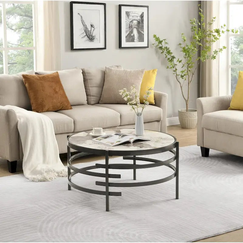 Table basse ronde de 32,48 po avec plateau en pierre frittée et cadre en métal robuste, table basse moderne pour salon