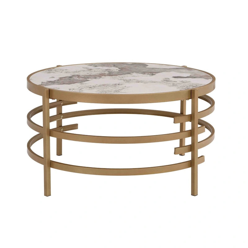 Table basse ronde de 32,48 po avec plateau en pierre frittée et cadre en métal robuste, table basse moderne pour salon