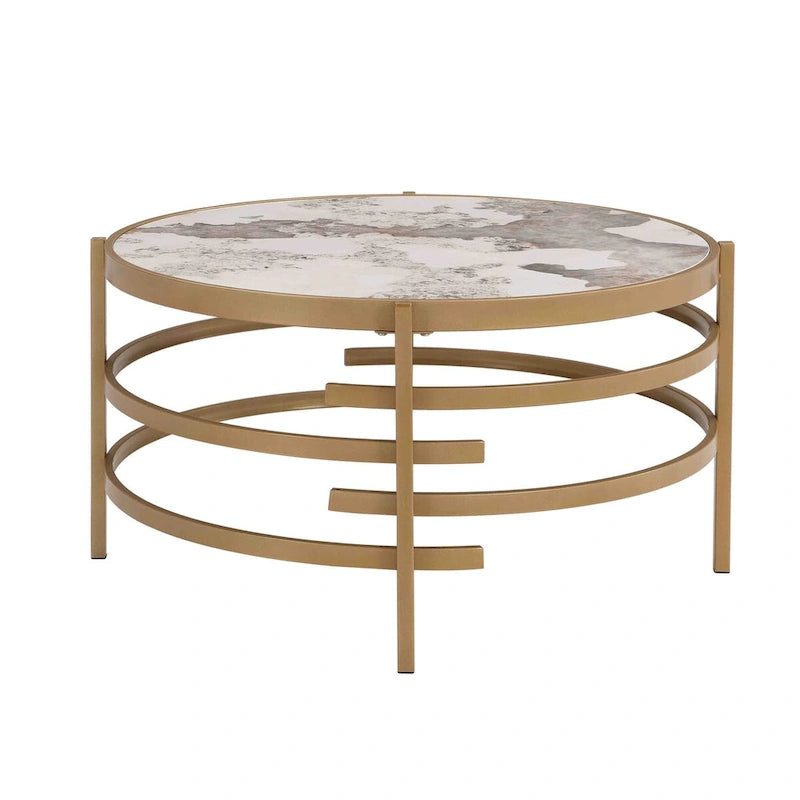 Table basse ronde de 32,48 po avec plateau en pierre frittée et cadre en métal robuste, table basse moderne pour salon