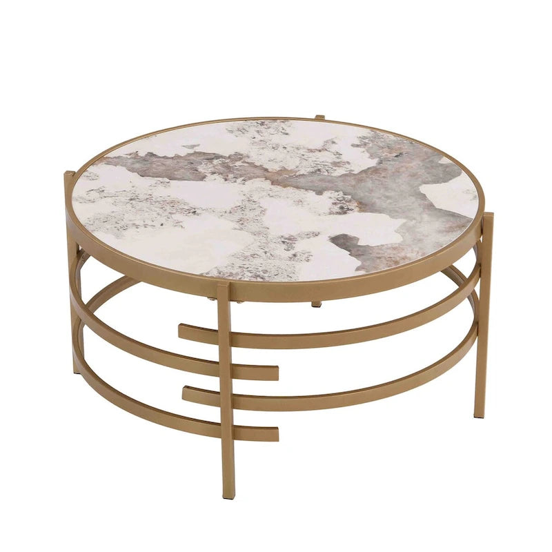 Table basse ronde de 32,48 po avec plateau en pierre frittée et cadre en métal robuste, table basse moderne pour salon