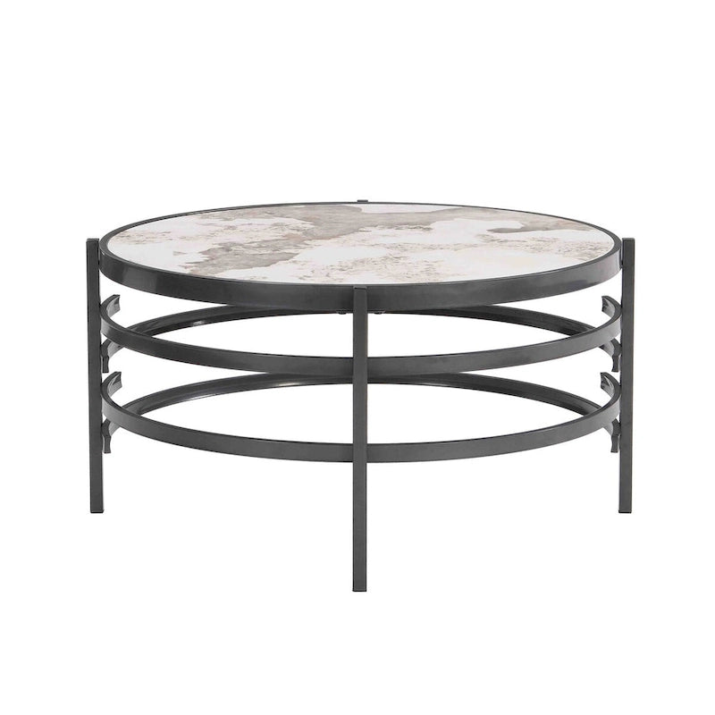 Table basse ronde de 32,48 po avec plateau en pierre frittée et cadre en métal robuste, table basse moderne pour salon