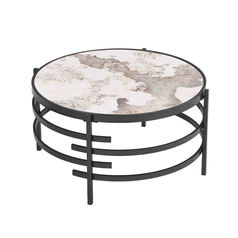 Table basse ronde de 32,48 po avec plateau en pierre frittée et cadre en métal robuste, table basse moderne pour salon