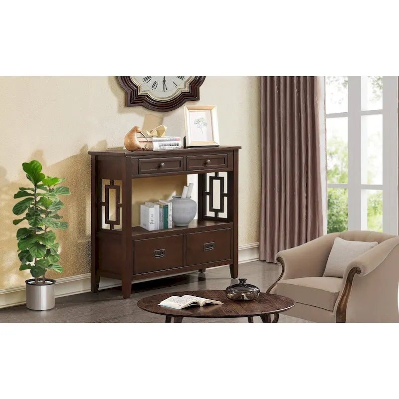 Console en bois Table d'entrée et de canapé avec 4 tiroirs et 1 étagère de rangement pour entrée, salon ou chambre