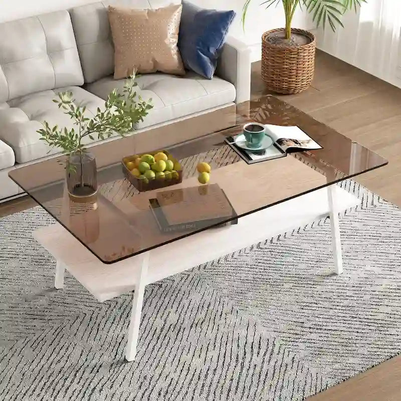 Table basse rectangulaire, dessus de table en verre trempé avec pieds en métal, table moderne pour le salon, verre