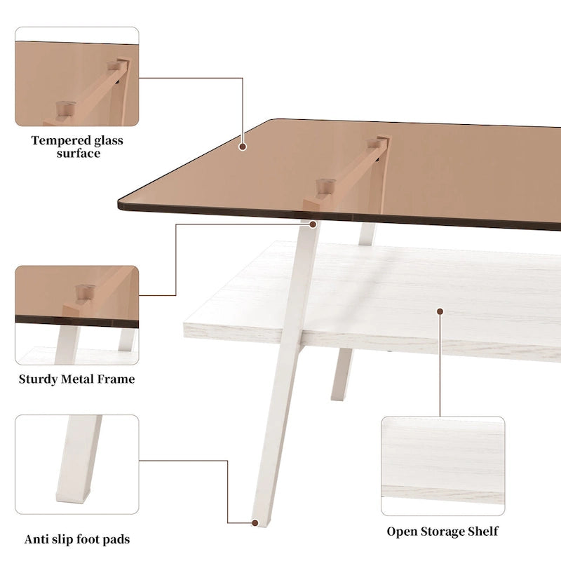 Table basse rectangulaire, dessus de table en verre trempé avec pieds en métal, table moderne pour le salon, verre