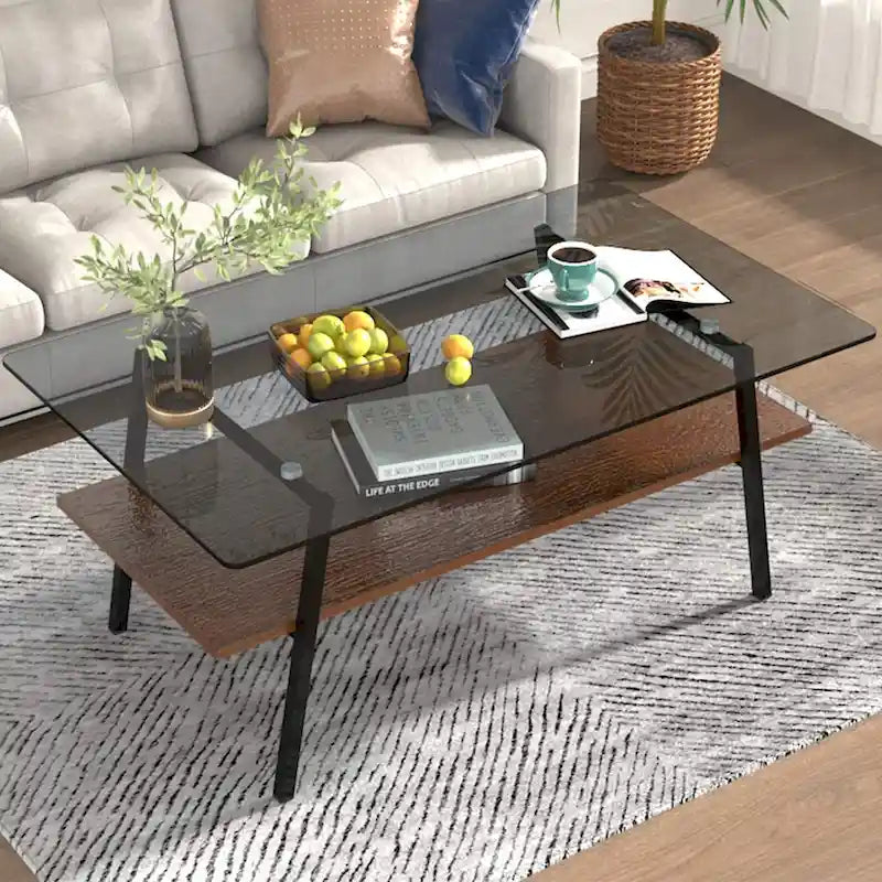 Table basse rectangulaire, dessus de table en verre trempé avec pieds en métal, table moderne pour le salon, verre