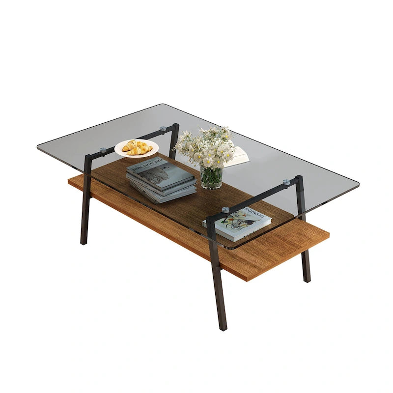 Table basse rectangulaire, dessus de table en verre trempé avec pieds en métal, table moderne pour le salon, verre
