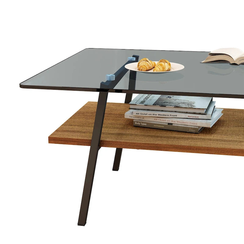 Table basse rectangulaire, dessus de table en verre trempé avec pieds en métal, table moderne pour le salon, verre