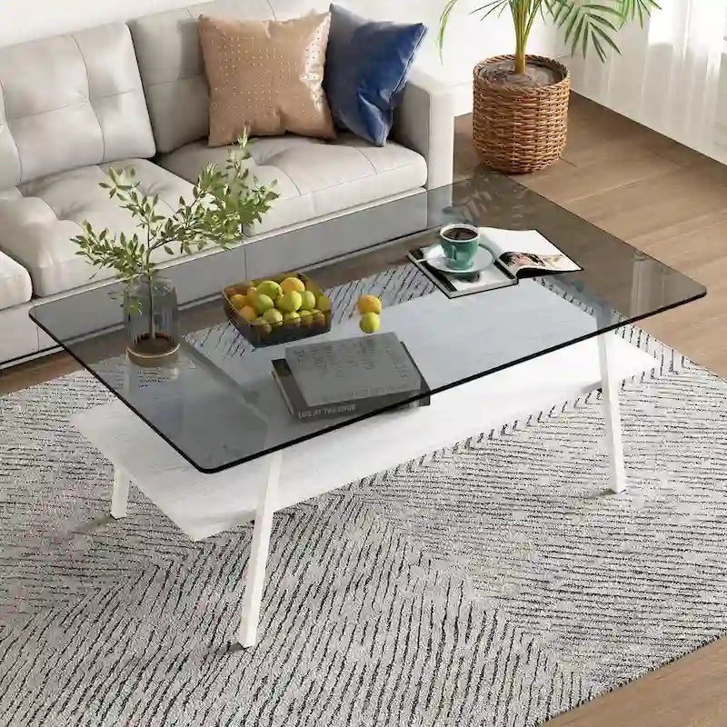 Table basse rectangulaire, dessus de table en verre trempé avec pieds en métal, table moderne pour le salon, verre