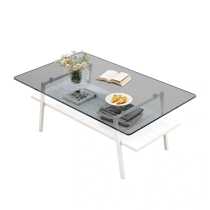 Table basse rectangulaire, dessus de table en verre trempé avec pieds en métal, table moderne pour le salon, verre