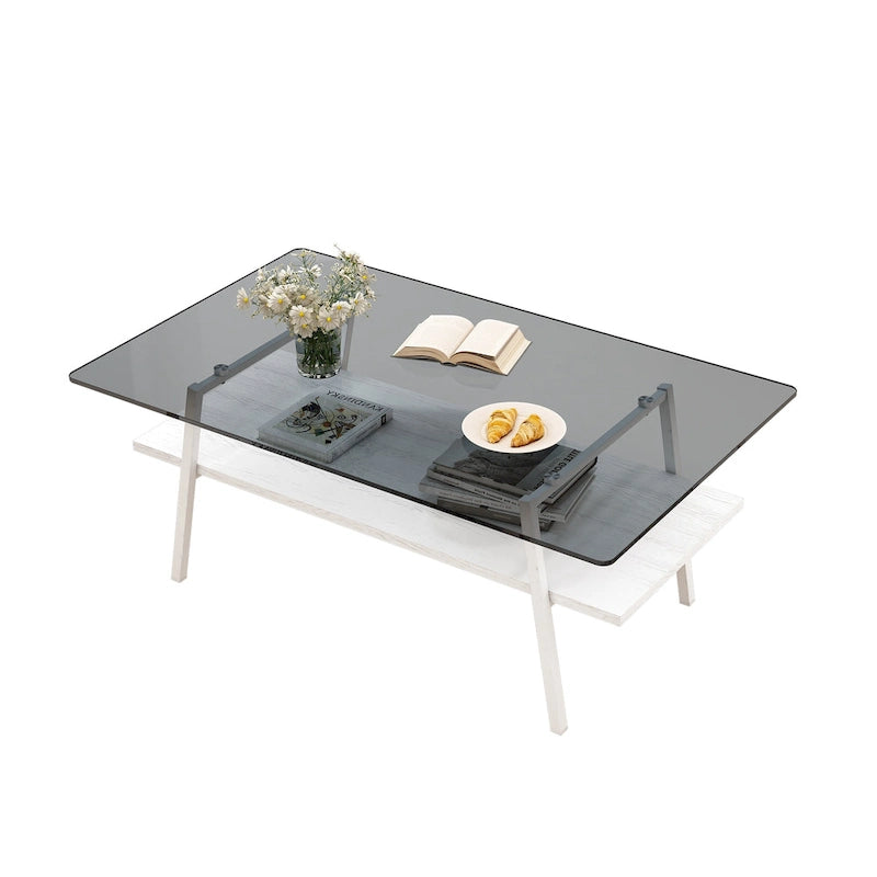 Table basse rectangulaire, dessus de table en verre trempé avec pieds en métal, table moderne pour le salon, verre