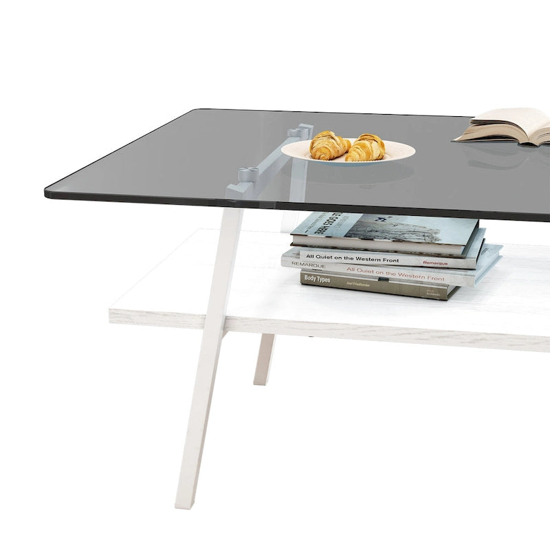 Table basse rectangulaire, dessus de table en verre trempé avec pieds en métal, table moderne pour le salon, verre
