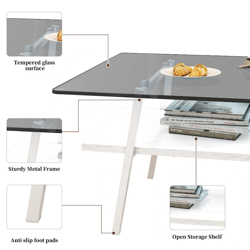 Table basse rectangulaire, dessus de table en verre trempé avec pieds en métal, table moderne pour le salon, verre