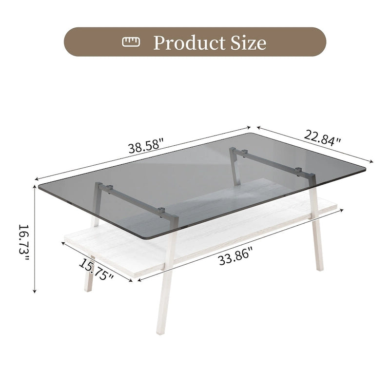 Table basse rectangulaire, dessus de table en verre trempé avec pieds en métal, table moderne pour le salon, verre