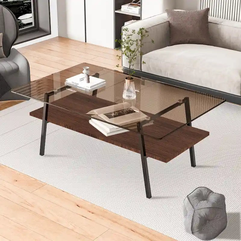 Table basse rectangulaire, dessus de table en verre trempé avec pieds en métal, table moderne pour le salon, verre