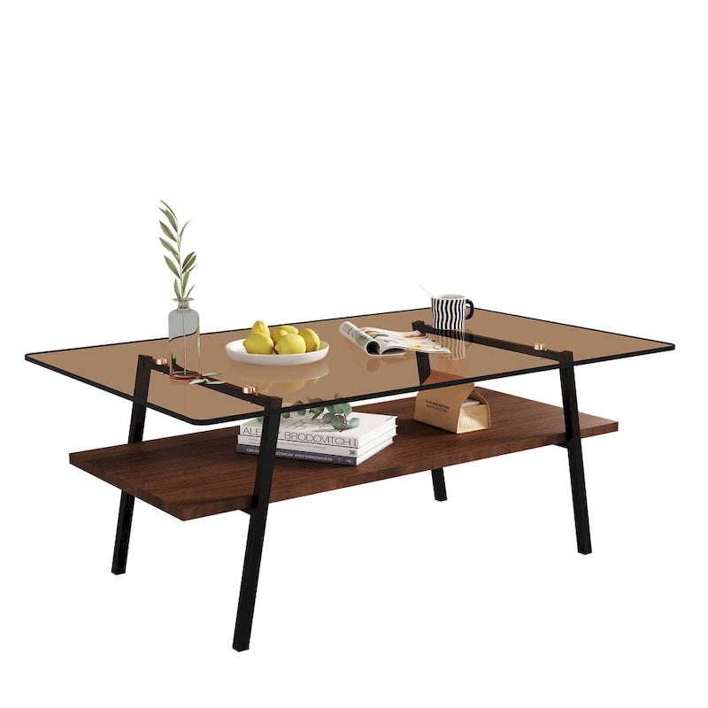 Table basse rectangulaire, dessus de table en verre trempé avec pieds en métal, table moderne pour le salon, verre