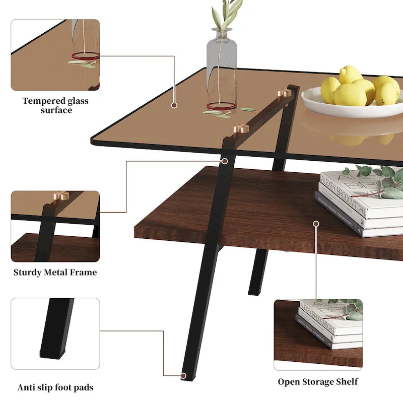 Table basse rectangulaire, dessus de table en verre trempé avec pieds en métal, table moderne pour le salon, verre