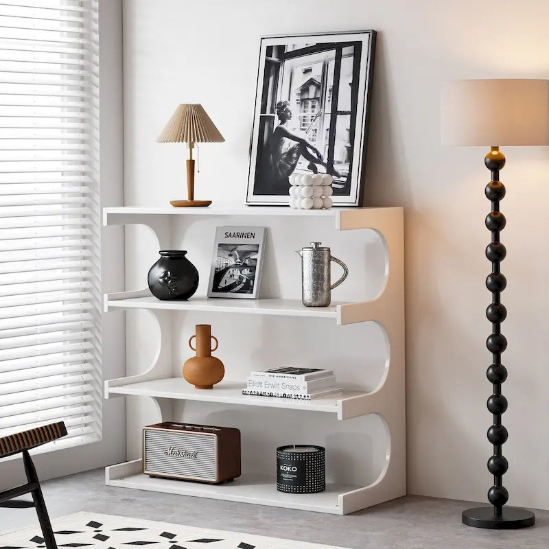 Étagère à Livres et Table Basse Multifonctionnelle à 4 Niveaux Blanche, Étagère à Livres au Sol Créative, Étagères de Rangement Organiseur Minimaliste