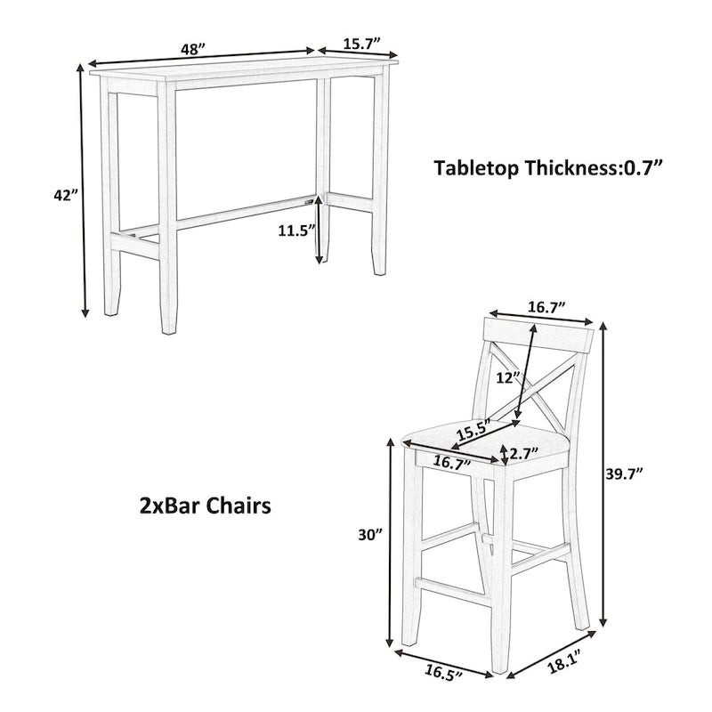 Ensemble de 3 pièces de salle à manger rectangulaire en bois pour bar