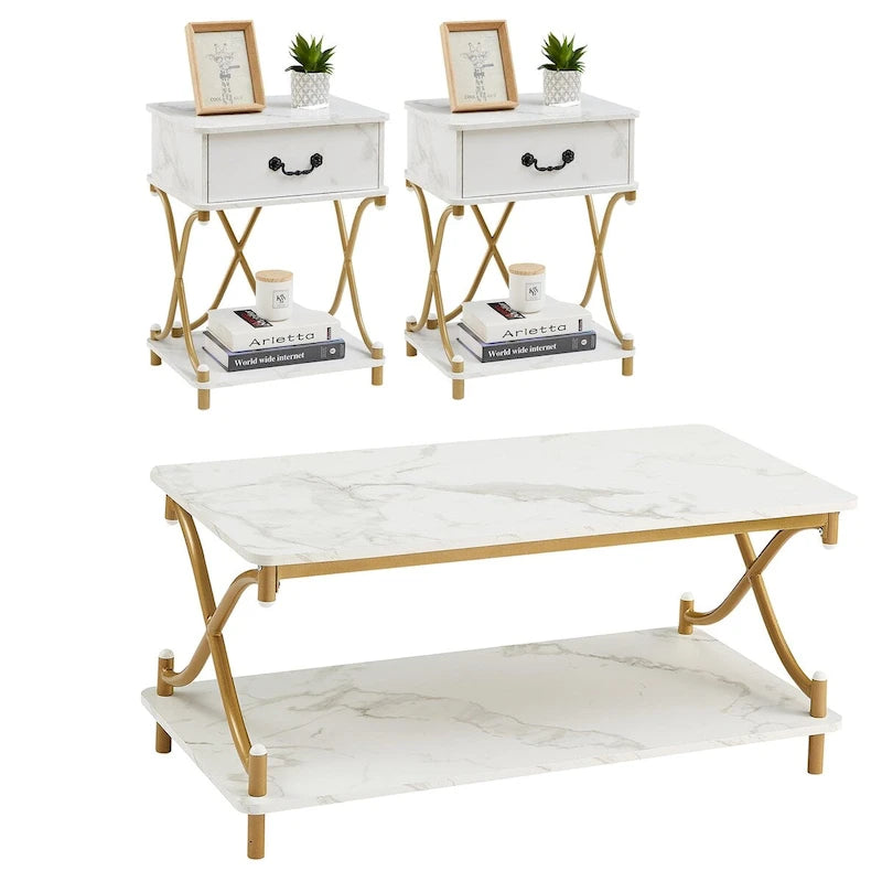 Table basse 3 pièces moderne, table console et 2 tables de chevet à 1 tiroir (Marron/Noir/Blanc)