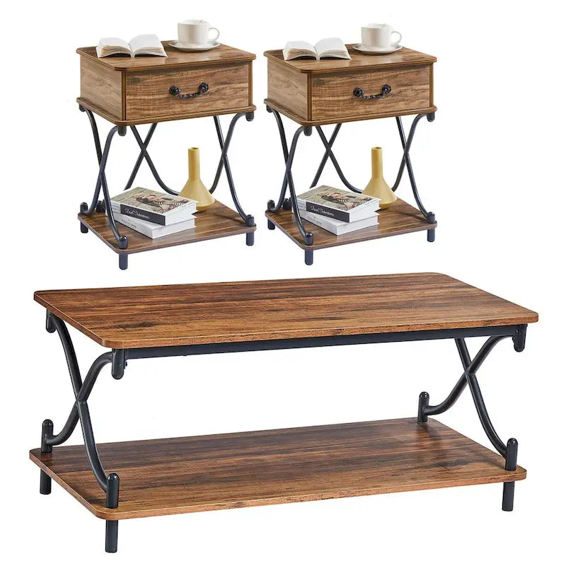 Table basse 3 pièces moderne, table console et 2 tables de chevet à 1 tiroir (Marron/Noir/Blanc)