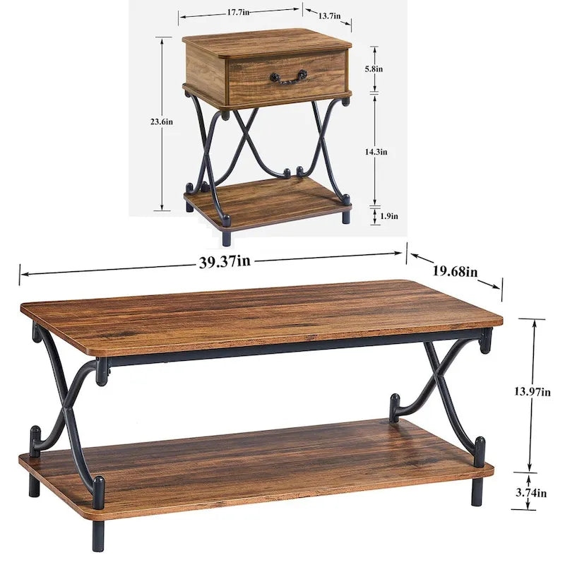 Table basse 3 pièces moderne, table console et 2 tables de chevet à 1 tiroir (Marron/Noir/Blanc)