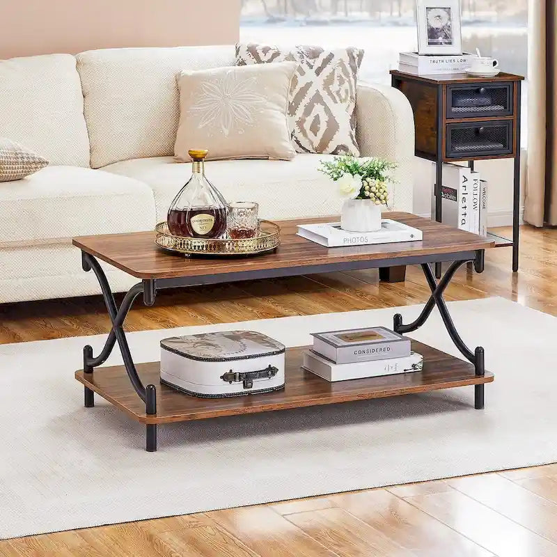 Table basse 3 pièces moderne, table console et 2 tables de chevet à 1 tiroir (Marron/Noir/Blanc)