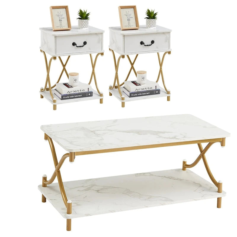 Table basse 3 pièces moderne, table console et 2 tables de chevet à 1 tiroir (Marron/Noir/Blanc)
