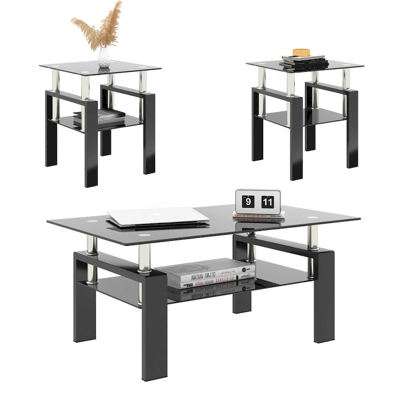 Lot de 2 tables basses modernes en verre trempé