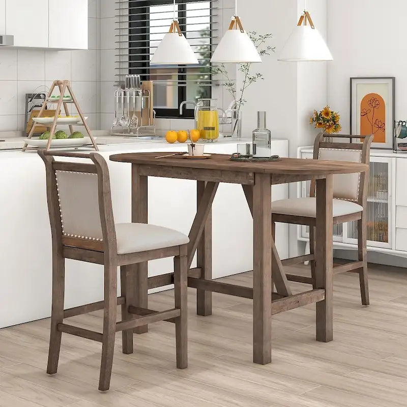 Ensemble de salle à manger 3 pièces en bois, hauteur comptoir, avec rallonge et 2 chaises de salle à manger rembourrées