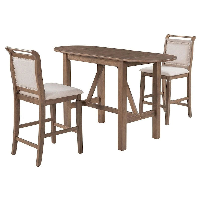 Ensemble de salle à manger 3 pièces en bois, hauteur comptoir, avec rallonge et 2 chaises de salle à manger rembourrées