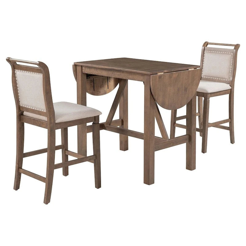 Ensemble de salle à manger 3 pièces en bois, hauteur comptoir, avec rallonge et 2 chaises de salle à manger rembourrées