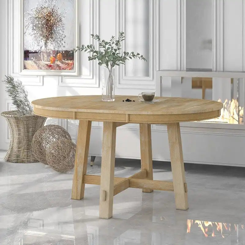 Table à manger ronde, Table ronde escamotable de style ferme, Table de cuisine en bois avec 16 rallonges