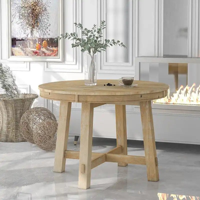 Table à manger ronde, Table ronde escamotable de style ferme, Table de cuisine en bois avec 16 rallonges