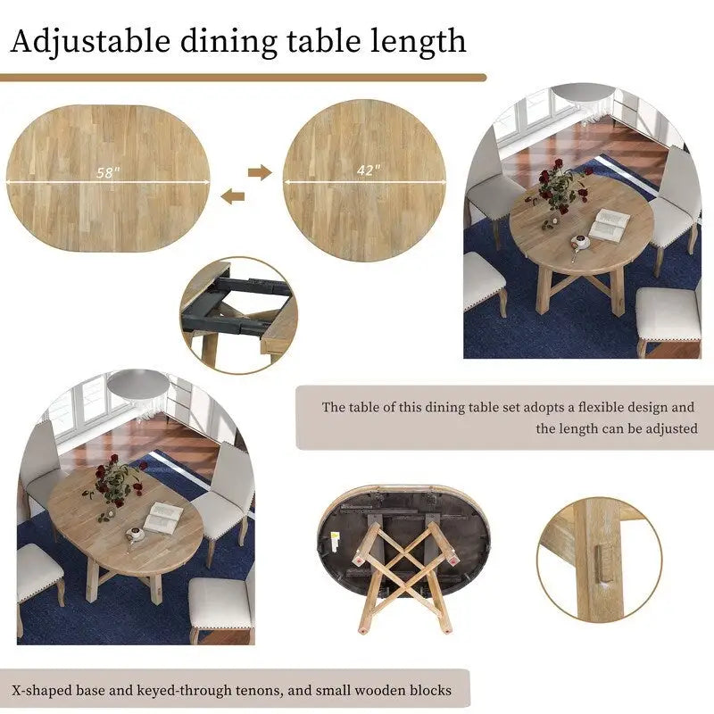 Table à manger ronde, Table ronde escamotable de style ferme, Table de cuisine en bois avec 16 rallonges