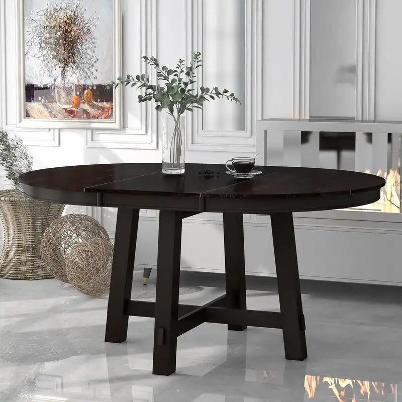 Table à manger ronde, Table ronde escamotable de style ferme, Table de cuisine en bois avec 16 rallonges