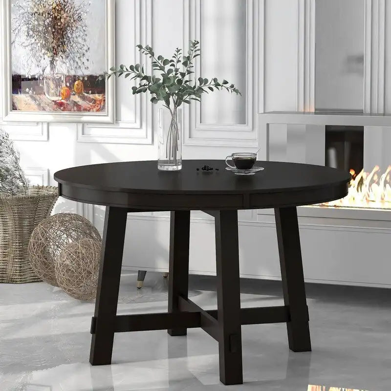 Table à manger ronde, Table ronde escamotable de style ferme, Table de cuisine en bois avec 16 rallonges